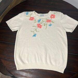 Alfred Dunner Women's Short Sleeve Sweater Creamy White, Beads & Embroidered Sm